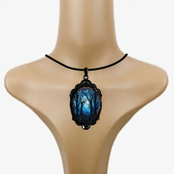 Blue Tree of Life Night Pendant Necklace Retro Fashn Jewelry Black Filigree Goth - Picture 3 of 5